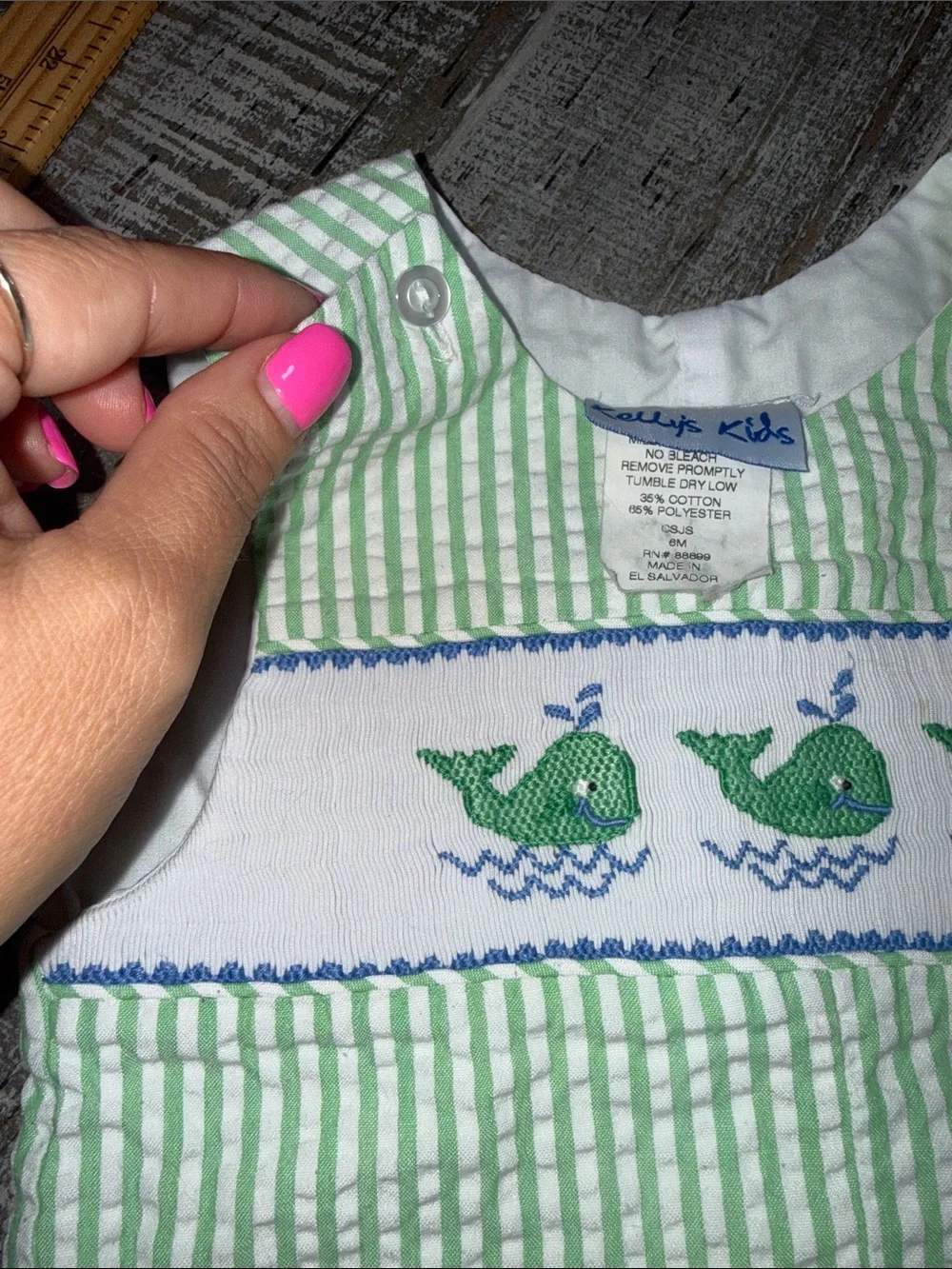 Vintage Kelly's Kids Green Seersucker Smocked Whale Romper 6 Mo Boys